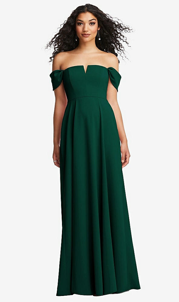 Front View - Hunter Green Off-the-Shoulder Pleated Cap Sleeve A-line Maxi Dress
