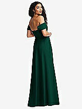 Rear View Thumbnail - Hunter Green Off-the-Shoulder Pleated Cap Sleeve A-line Maxi Dress