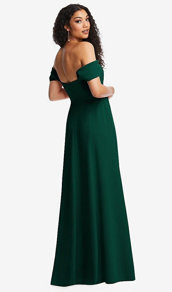 Back View - Hunter Green Off-the-Shoulder Pleated Cap Sleeve A-line Maxi Dress