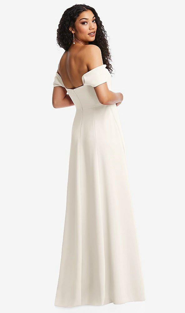 Back View - Ivory Off-the-Shoulder Pleated Cap Sleeve A-line Maxi Dress
