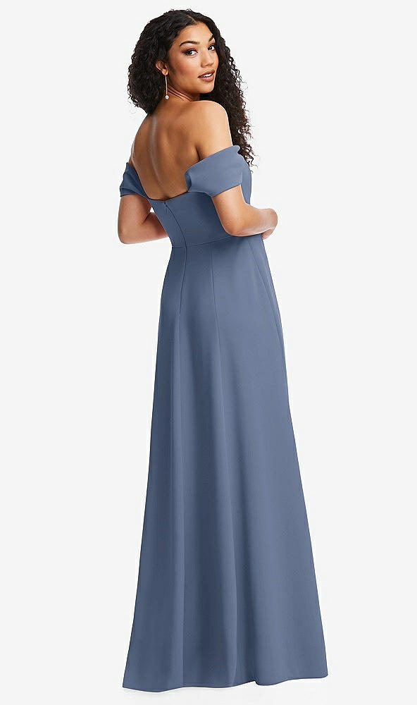Back View - Larkspur Blue Off-the-Shoulder Pleated Cap Sleeve A-line Maxi Dress