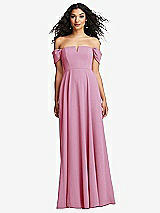 Front View Thumbnail - Powder Pink Off-the-Shoulder Pleated Cap Sleeve A-line Maxi Dress