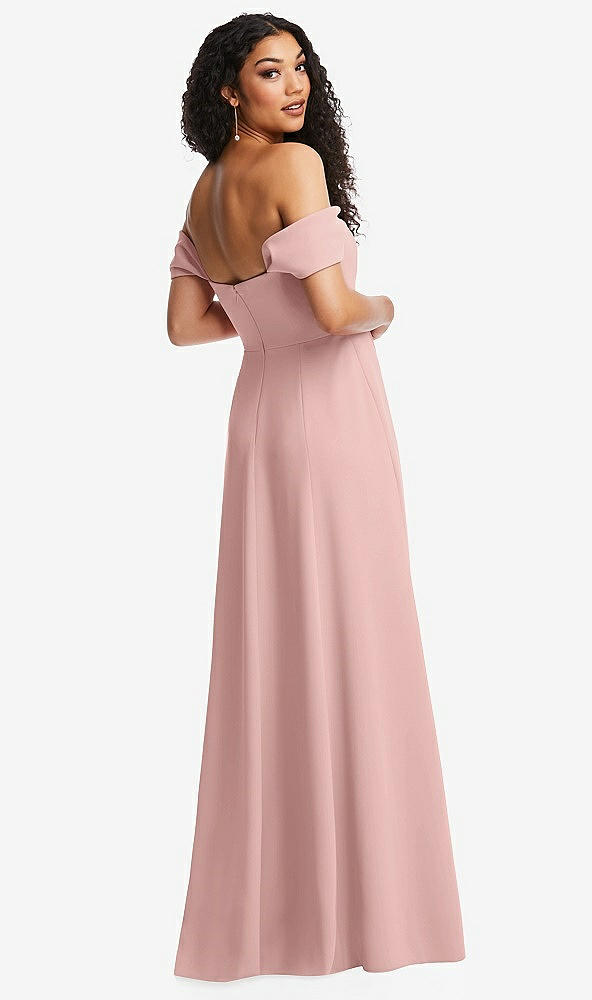 Back View - Rose - PANTONE Rose Quartz Off-the-Shoulder Pleated Cap Sleeve A-line Maxi Dress