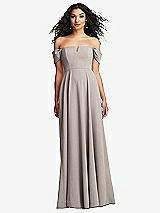 Front View Thumbnail - Taupe Off-the-Shoulder Pleated Cap Sleeve A-line Maxi Dress