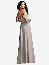 Rear View Thumbnail - Taupe Off-the-Shoulder Pleated Cap Sleeve A-line Maxi Dress