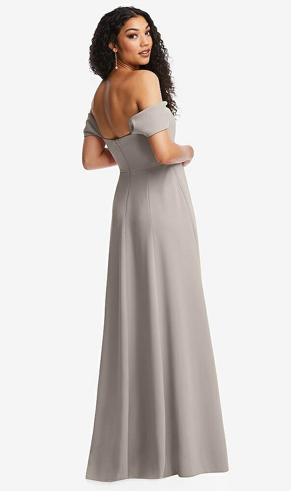 Back View - Taupe Off-the-Shoulder Pleated Cap Sleeve A-line Maxi Dress
