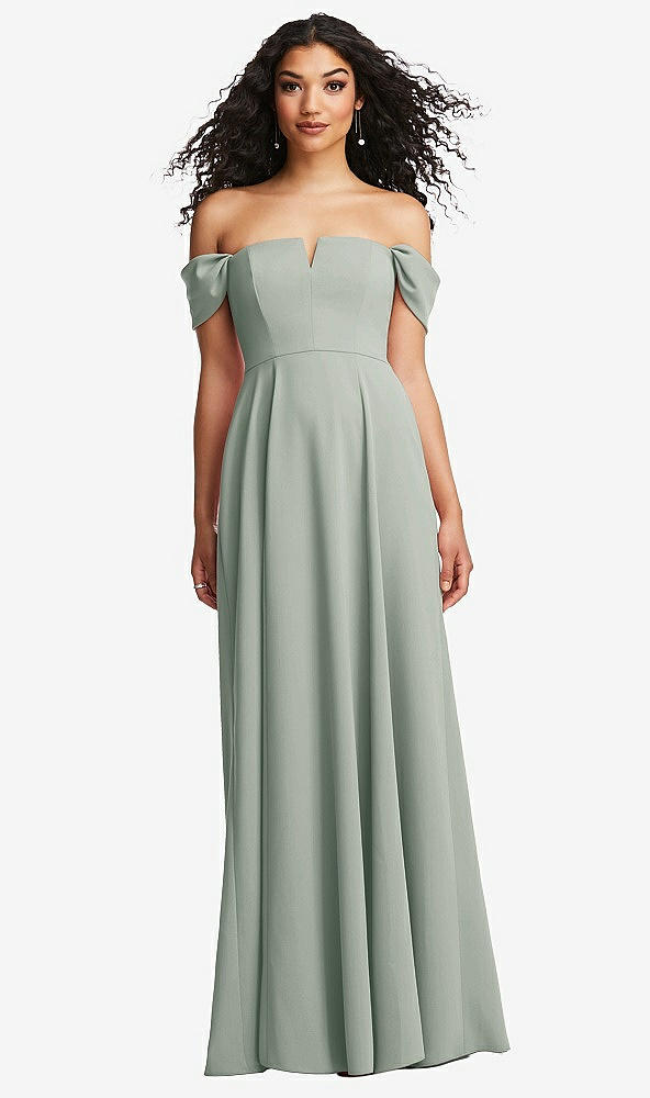 Front View - Willow Green Off-the-Shoulder Pleated Cap Sleeve A-line Maxi Dress