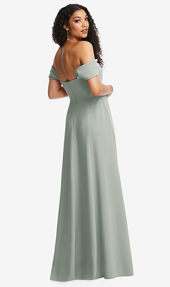 Back View - Willow Green Off-the-Shoulder Pleated Cap Sleeve A-line Maxi Dress