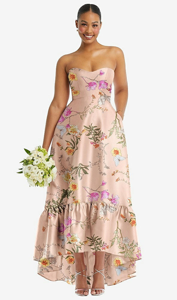 Front View - Butterfly Botanica Pink Sand Strapless Floral High-Low Ruffle Hem Maxi Dress with Pockets