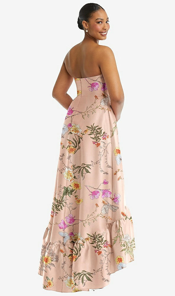 Back View - Butterfly Botanica Pink Sand Strapless Floral High-Low Ruffle Hem Maxi Dress with Pockets