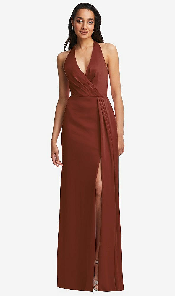 Front View - Auburn Moon Pleated V-Neck Closed Back Trumpet Gown with Draped Front Slit