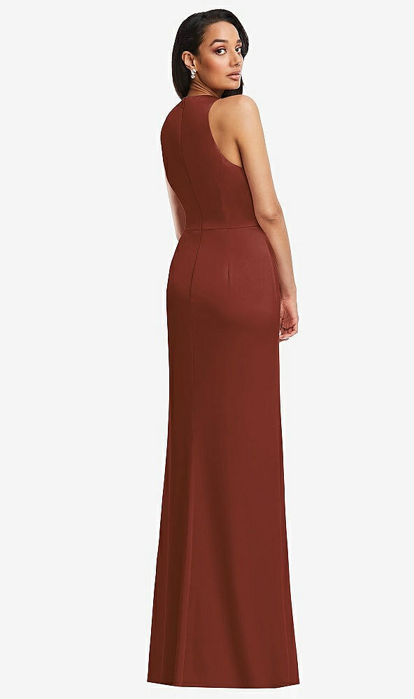 Back View - Auburn Moon Pleated V-Neck Closed Back Trumpet Gown with Draped Front Slit