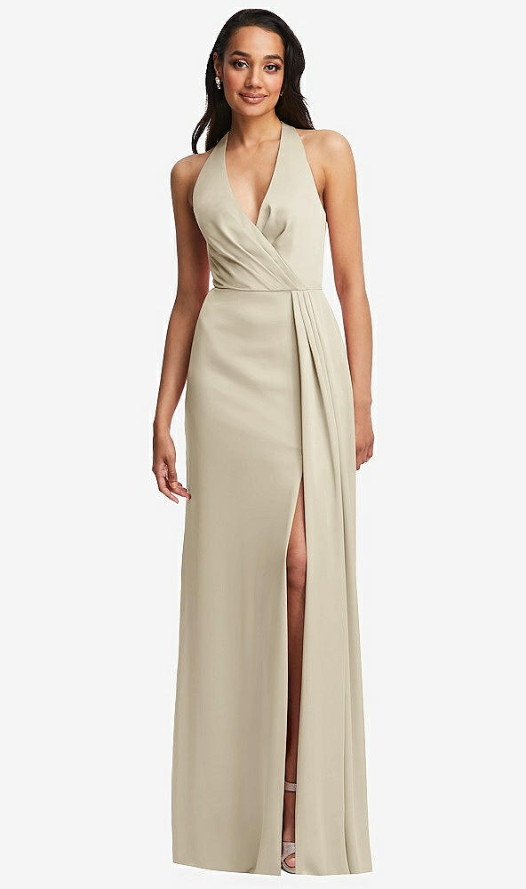Front View - Champagne Pleated V-Neck Closed Back Trumpet Gown with Draped Front Slit