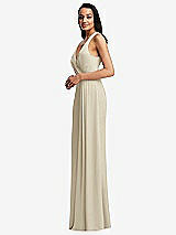 Side View Thumbnail - Champagne Pleated V-Neck Closed Back Trumpet Gown with Draped Front Slit