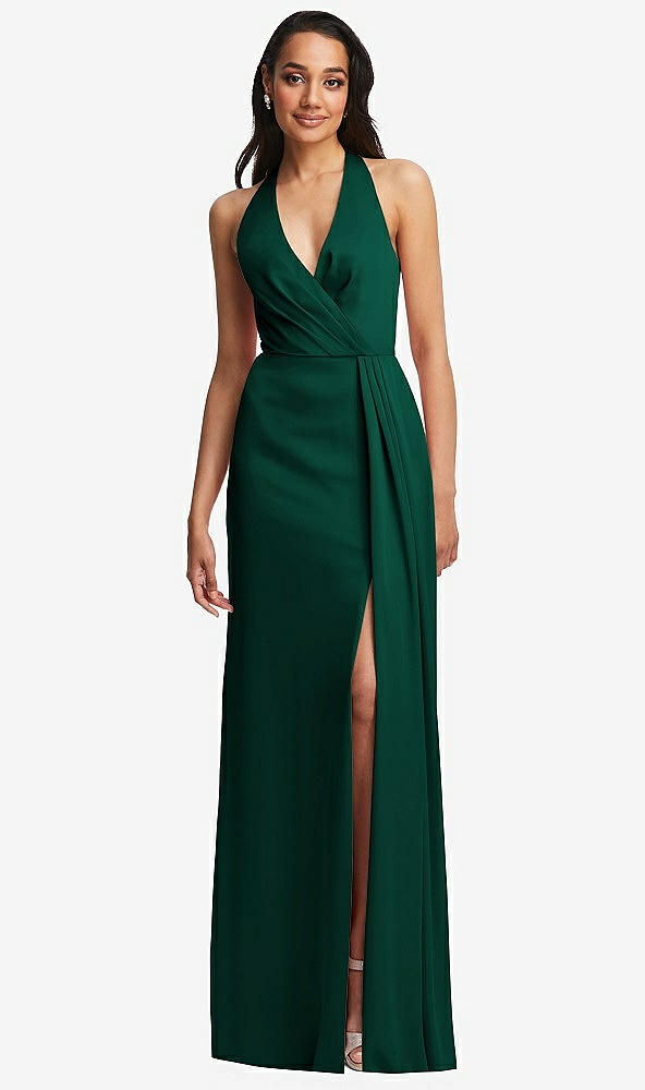 Front View - Hunter Green Pleated V-Neck Closed Back Trumpet Gown with Draped Front Slit