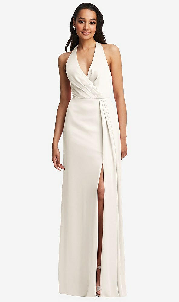 Front View - Ivory Pleated V-Neck Closed Back Trumpet Gown with Draped Front Slit