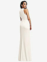 Rear View Thumbnail - Ivory Pleated V-Neck Closed Back Trumpet Gown with Draped Front Slit