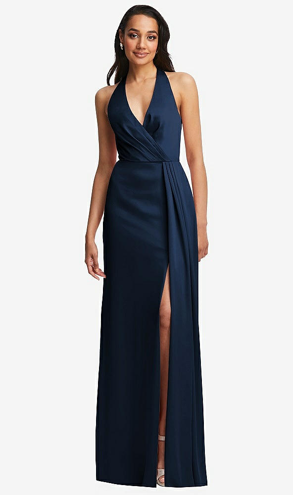 Front View - Midnight Navy Pleated V-Neck Closed Back Trumpet Gown with Draped Front Slit