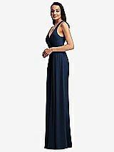 Side View Thumbnail - Midnight Navy Pleated V-Neck Closed Back Trumpet Gown with Draped Front Slit