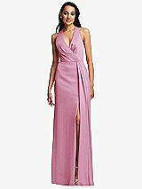 Front View Thumbnail - Powder Pink Pleated V-Neck Closed Back Trumpet Gown with Draped Front Slit