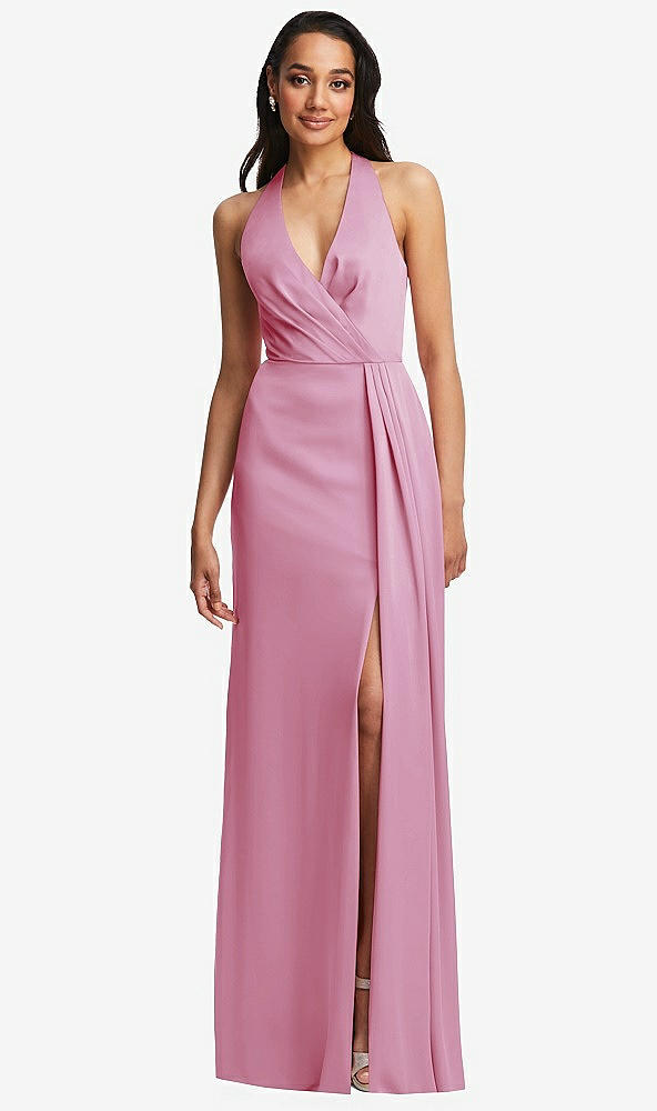 Front View - Powder Pink Pleated V-Neck Closed Back Trumpet Gown with Draped Front Slit