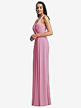 Side View Thumbnail - Powder Pink Pleated V-Neck Closed Back Trumpet Gown with Draped Front Slit