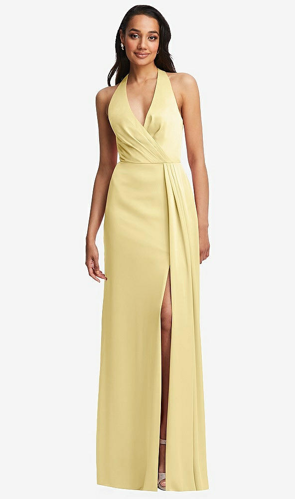 Front View - Pale Yellow Pleated V-Neck Closed Back Trumpet Gown with Draped Front Slit