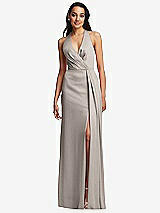 Front View Thumbnail - Taupe Pleated V-Neck Closed Back Trumpet Gown with Draped Front Slit