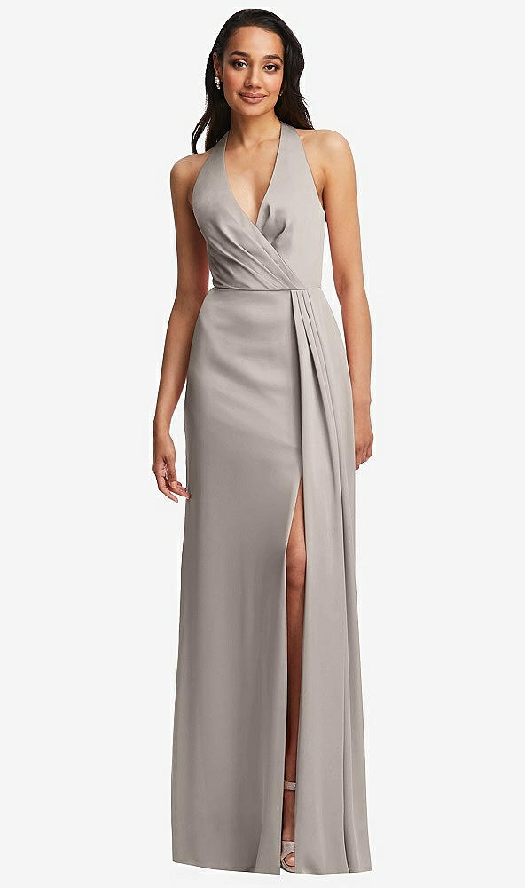 Front View - Taupe Pleated V-Neck Closed Back Trumpet Gown with Draped Front Slit