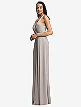 Side View Thumbnail - Taupe Pleated V-Neck Closed Back Trumpet Gown with Draped Front Slit