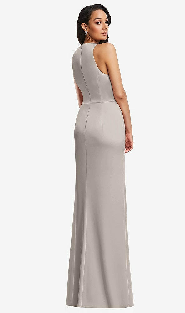 Back View - Taupe Pleated V-Neck Closed Back Trumpet Gown with Draped Front Slit
