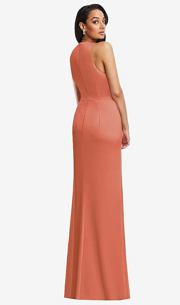 Back View - Terracotta Copper Pleated V-Neck Closed Back Trumpet Gown with Draped Front Slit