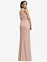 Rear View Thumbnail - Toasted Sugar Pleated V-Neck Closed Back Trumpet Gown with Draped Front Slit