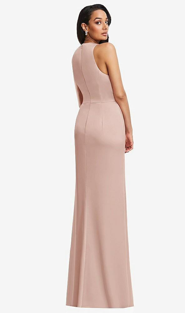 Back View - Toasted Sugar Pleated V-Neck Closed Back Trumpet Gown with Draped Front Slit