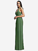 Side View Thumbnail - Vineyard Green Pleated V-Neck Closed Back Trumpet Gown with Draped Front Slit