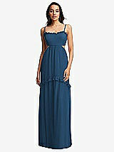 Front View Thumbnail - Dusk Blue Ruffle-Trimmed Cutout Tie-Back Maxi Dress with Tiered Skirt