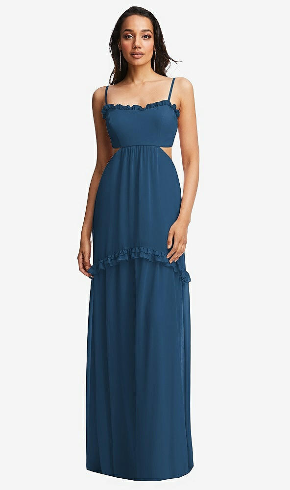 Front View - Dusk Blue Ruffle-Trimmed Cutout Tie-Back Maxi Dress with Tiered Skirt