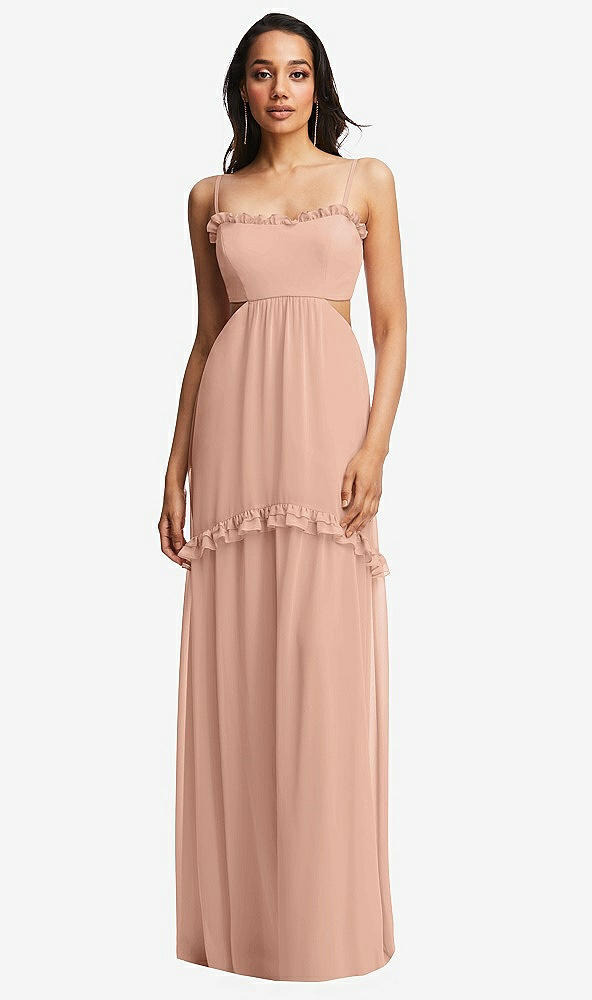 Front View - Pale Peach Ruffle-Trimmed Cutout Tie-Back Maxi Dress with Tiered Skirt