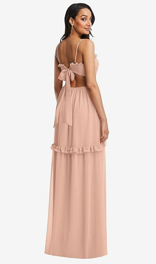 Back View - Pale Peach Ruffle-Trimmed Cutout Tie-Back Maxi Dress with Tiered Skirt
