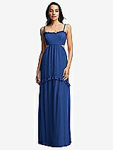 Front View Thumbnail - Classic Blue Ruffle-Trimmed Cutout Tie-Back Maxi Dress with Tiered Skirt