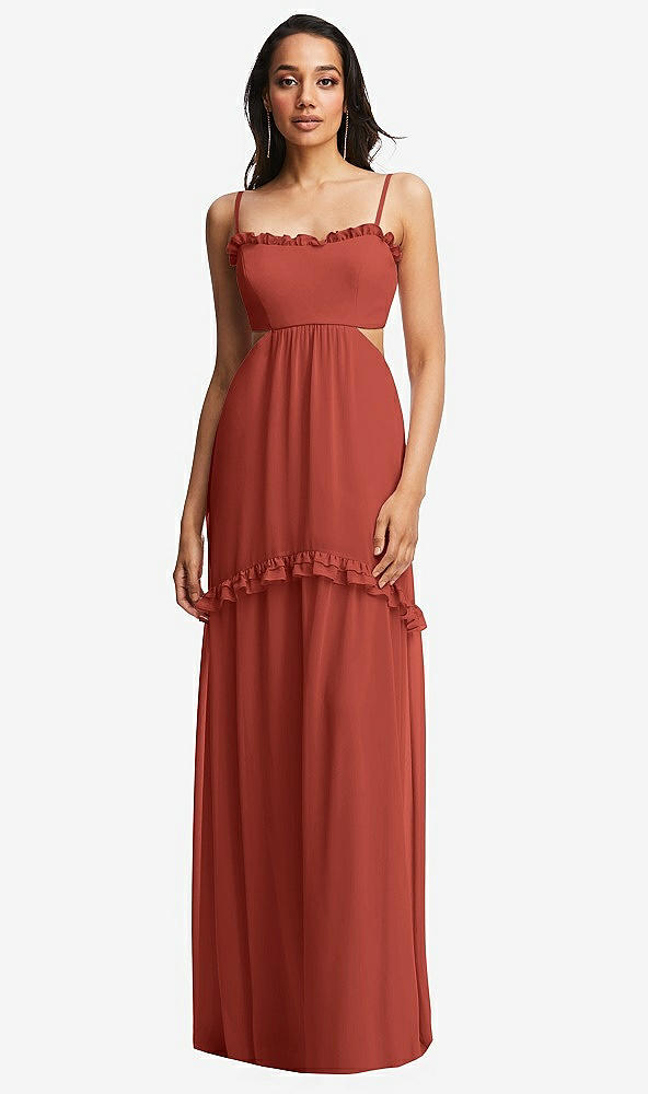 Front View - Amber Sunset Ruffle-Trimmed Cutout Tie-Back Maxi Dress with Tiered Skirt