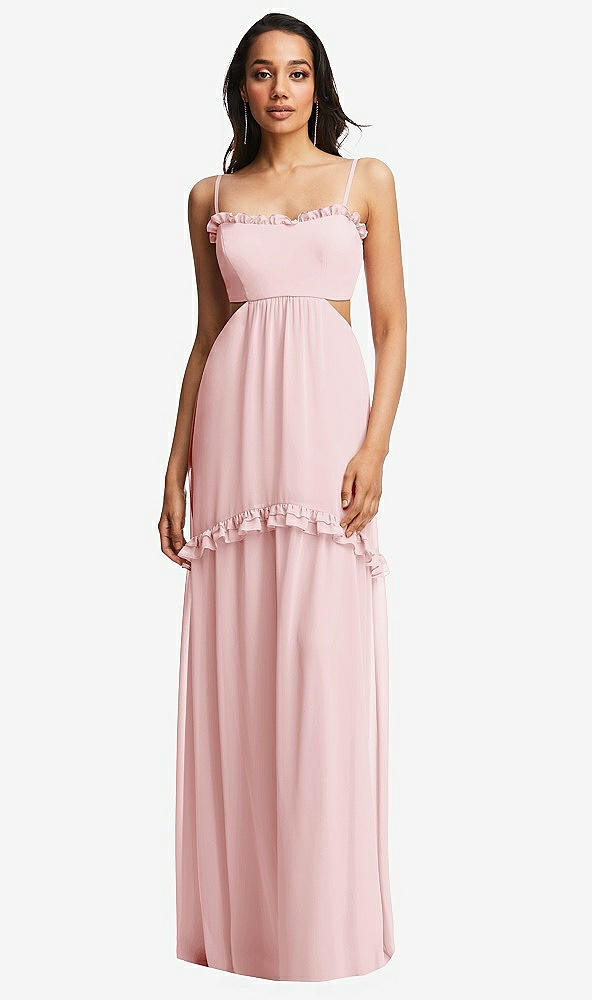 Front View - Ballet Pink Ruffle-Trimmed Cutout Tie-Back Maxi Dress with Tiered Skirt
