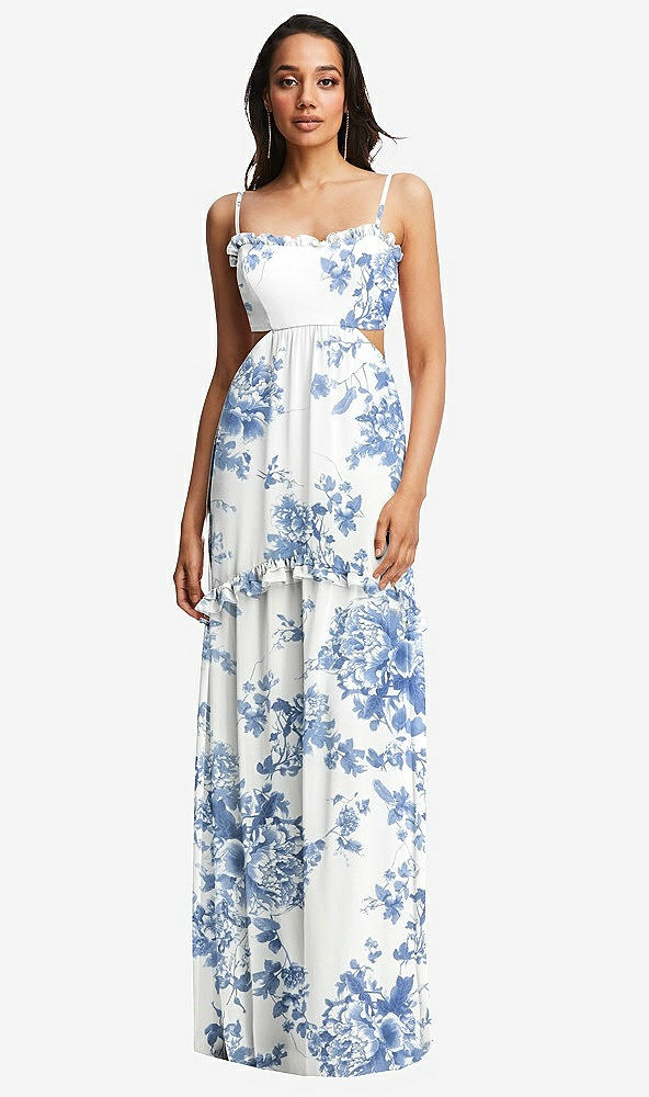 Front View - Cottage Rose Dusk Blue Ruffle-Trimmed Cutout Tie-Back Maxi Dress with Tiered Skirt