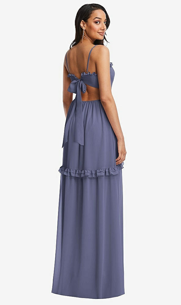 Back View - French Blue Ruffle-Trimmed Cutout Tie-Back Maxi Dress with Tiered Skirt