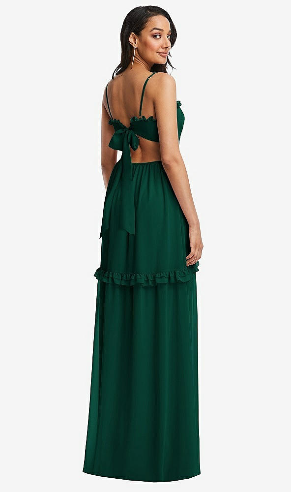 Back View - Hunter Green Ruffle-Trimmed Cutout Tie-Back Maxi Dress with Tiered Skirt