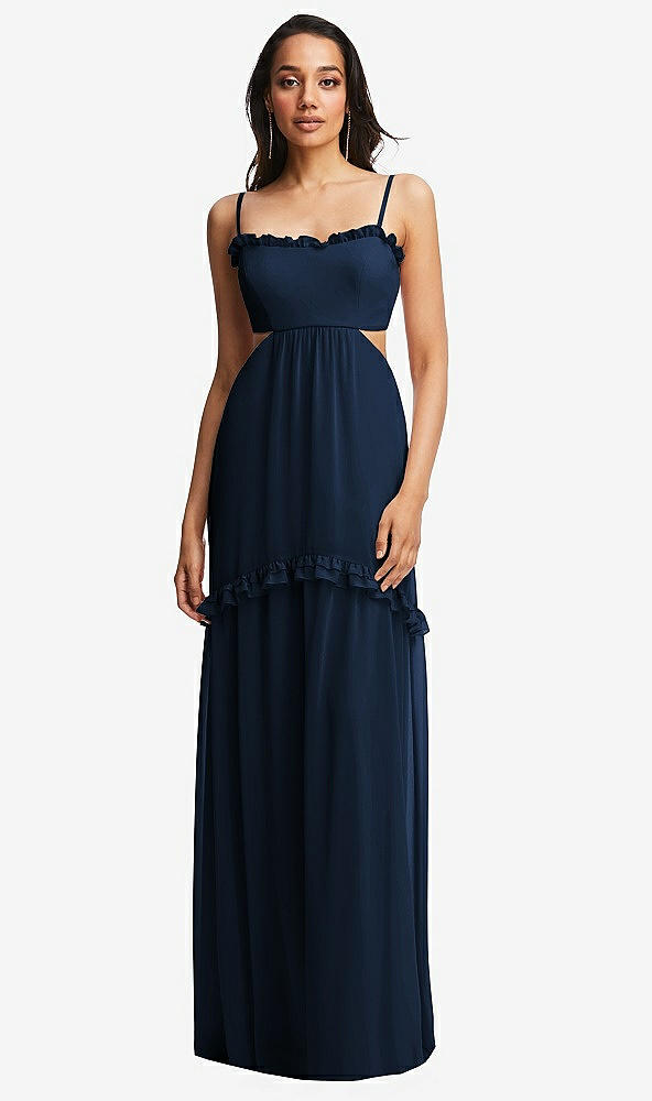 Front View - Midnight Navy Ruffle-Trimmed Cutout Tie-Back Maxi Dress with Tiered Skirt