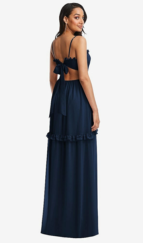 Back View - Midnight Navy Ruffle-Trimmed Cutout Tie-Back Maxi Dress with Tiered Skirt