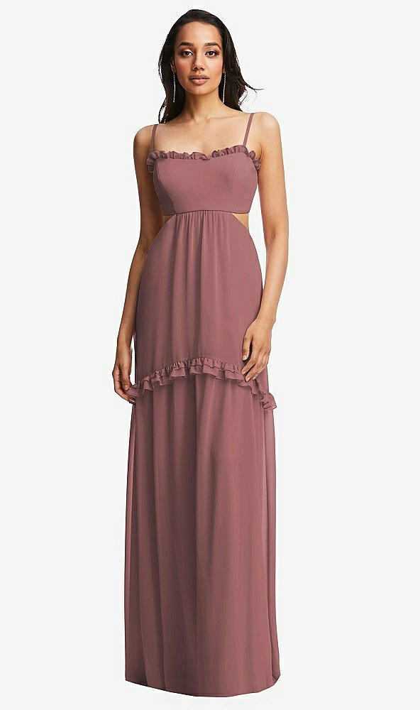 Front View - Rosewood Ruffle-Trimmed Cutout Tie-Back Maxi Dress with Tiered Skirt