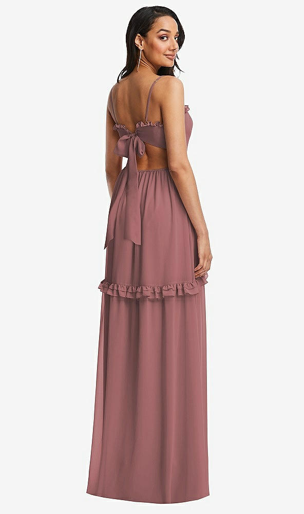 Back View - Rosewood Ruffle-Trimmed Cutout Tie-Back Maxi Dress with Tiered Skirt