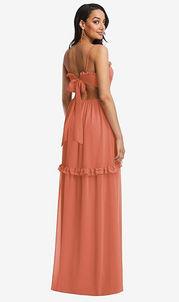 Back View - Terracotta Copper Ruffle-Trimmed Cutout Tie-Back Maxi Dress with Tiered Skirt